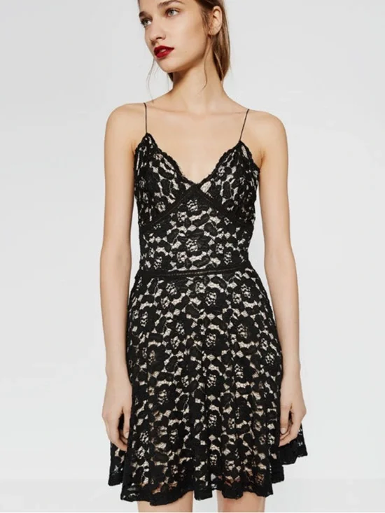 Zara A-Line Lace Spaghetti Strap Mini Dress w Nude Lining, Black, Sz L - Picture 1 of 15